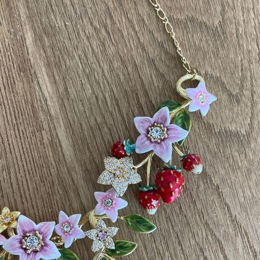 Anthropologie Pink, Red & Green Strawberry Floral Necklace - Picture 9 of 10